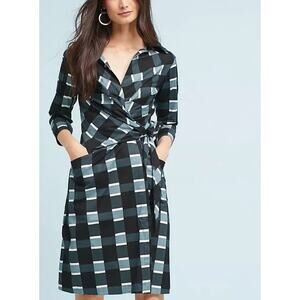 Anthropologie SSUNG Dress Size 4 Plaid Black White Gray Wrap 3/4 Sleeves